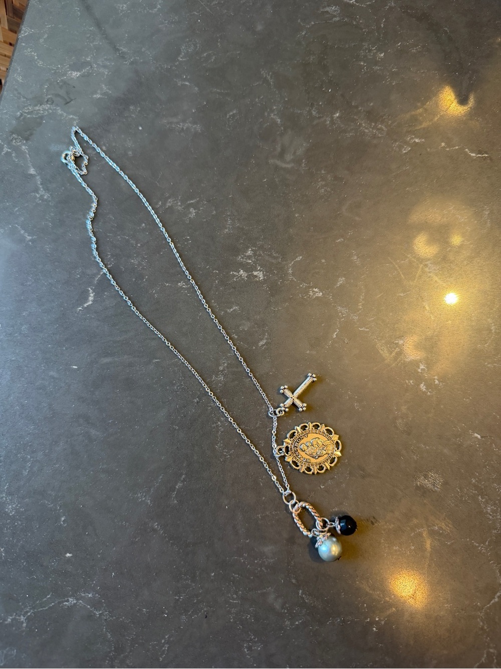 Vintage Silver-Tone Charm Necklace with Cross and Pearl Beads